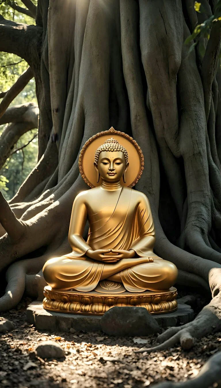 buddha-statue-sits-in-a-serene-pose-beneath-a-large-tree